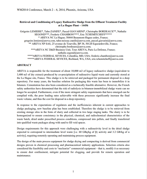 <div>Retrieval and Conditioning of Legacy Radioactive Sludge from the Effluent Treatment Facility </div><div>at La Hague Plant</div>