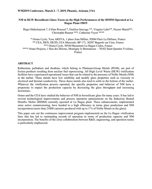 <div></div><div>NM in HLW Borosilicate Glass: Focus on the High Performances of the IHMM Operated at La Hague Plant </div>